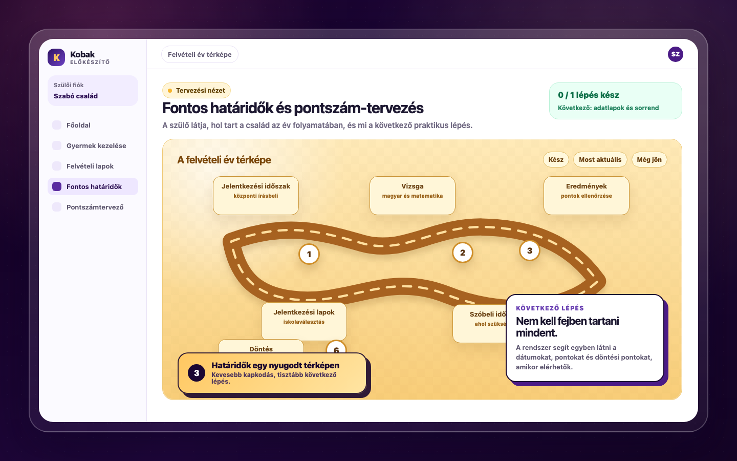 Kobak's free parent dashboard: entrance-exam deadlines, past papers and a real chapter