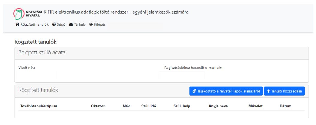 Belépés után a „Rögzített tanulók