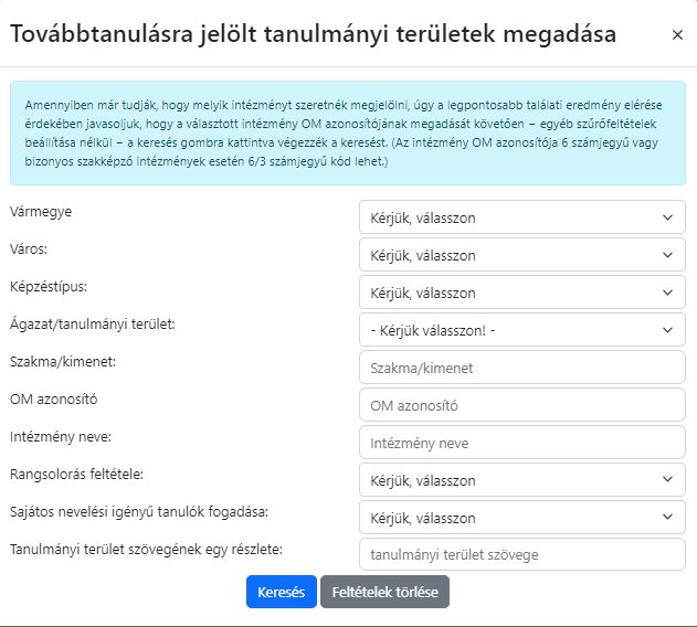 A tanulmányi terület kereső a programon belül. Ha tudod az OM azonosítót, csak azt írd be, szűrők nélkül. (2025/26-os felület.)