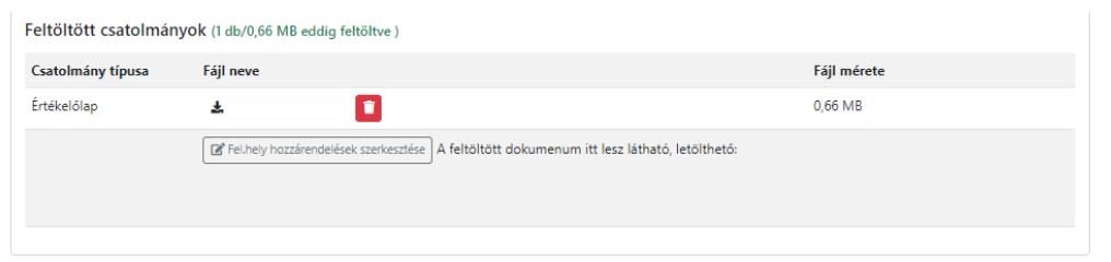 Feltöltött csatolmány, itt egy értékelő lap. Iskolánként bejelölhető, ki kapja meg. (2025/26-os felület.)